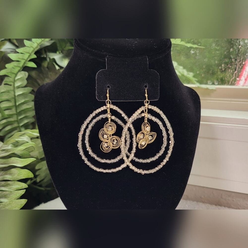 Seed Bead Double Hoops with Wire Accent Dangle Statement Earrings / Pierced - Picture 5 of 9